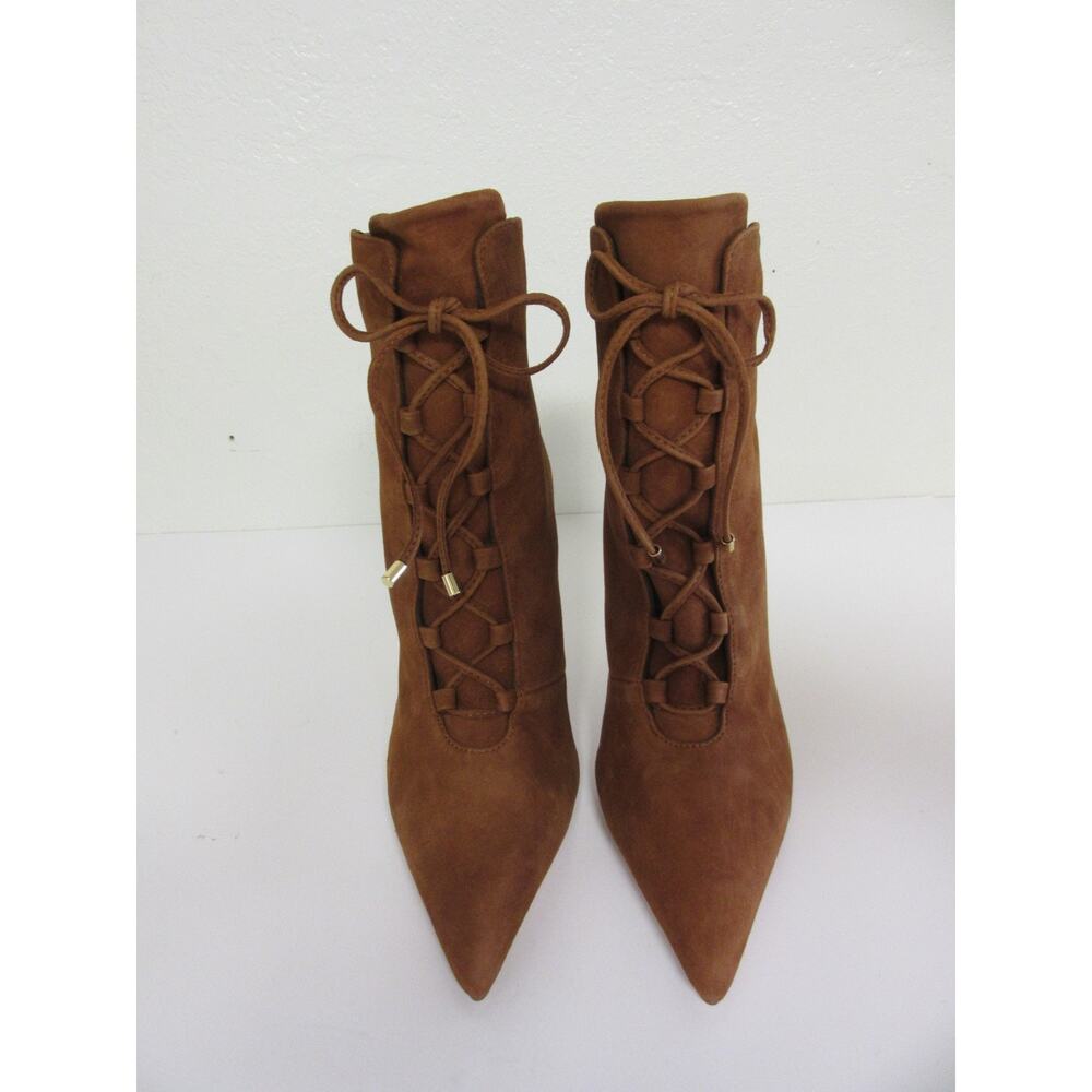 GOOD AMERICAN Suede Tobacco 7 1/2 Lace Up Pointed Toe Ultra High Heel Boots - Picture 2 of 6